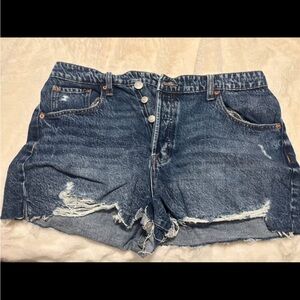 Distressed High-Waist Denim Shorts - Blue